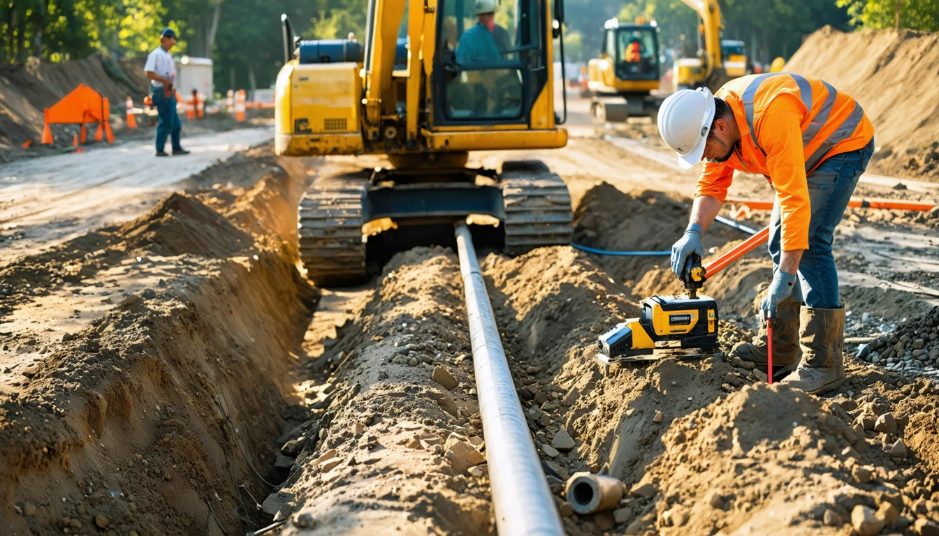 Engineers checking trench drainage pipe slope and backfill on an active construction site