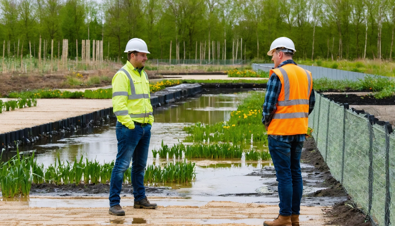 Engineers reviewing plans beside a map of the Oxford-Cambridge Arc