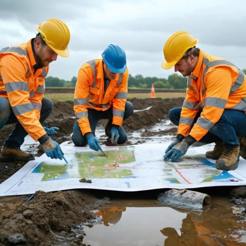 Engineers reviewing site plans beside drainage trenches on a muddy site