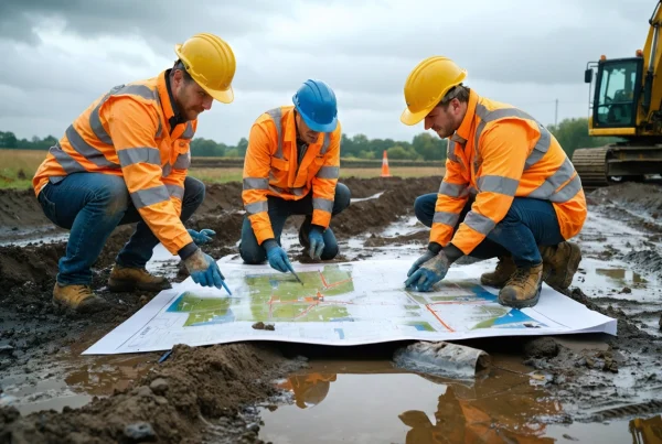 Engineers reviewing site plans beside drainage trenches on a muddy site