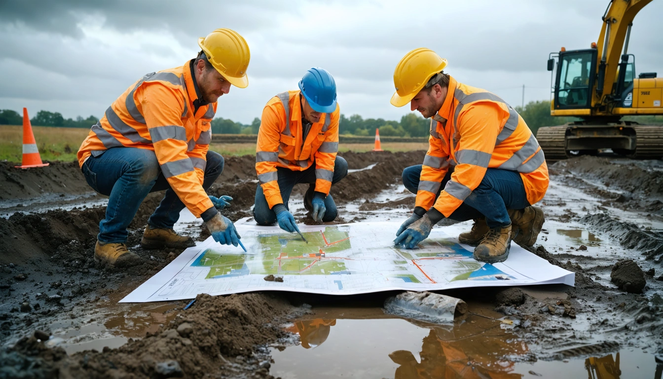 Engineers reviewing site plans beside drainage trenches on a muddy site
