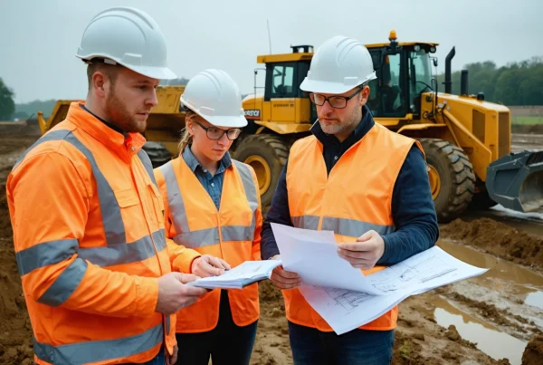 Construction team reviewing groundworks plans at a UK site