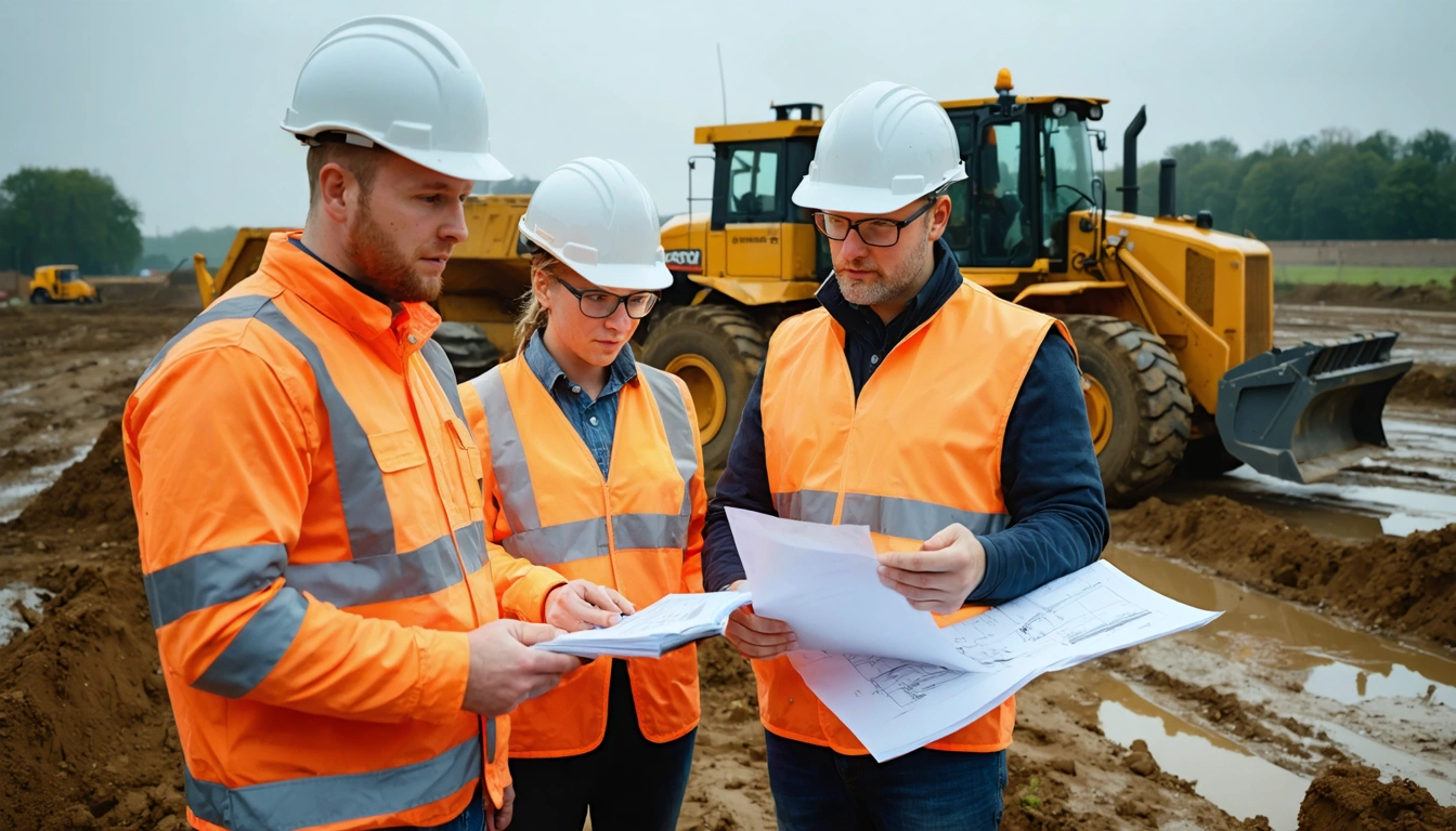 Construction team reviewing groundworks plans at a UK site