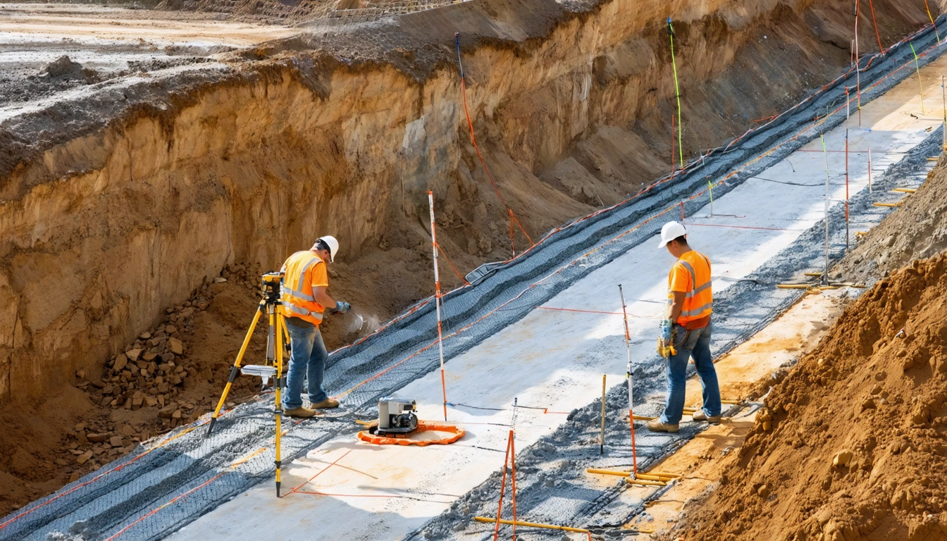 Excavator leveling soil beside marked foundation trenches on a construction site