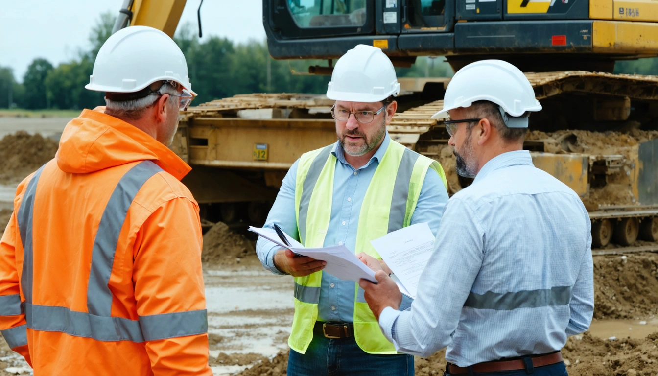 Civil engineer and site team discussing progress and schedule on construction site