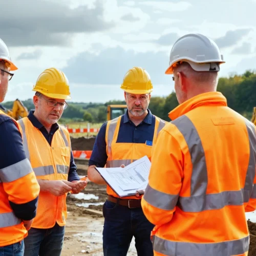 Photorealistic hero image of a civil engineering consultation at an active UK construction site, diverse team of