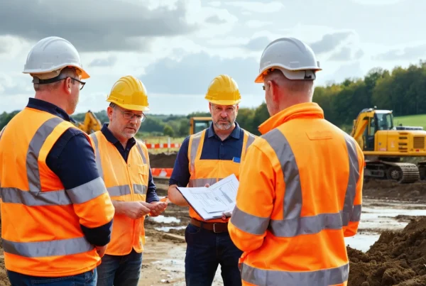 Photorealistic hero image of a civil engineering consultation at an active UK construction site, diverse team of