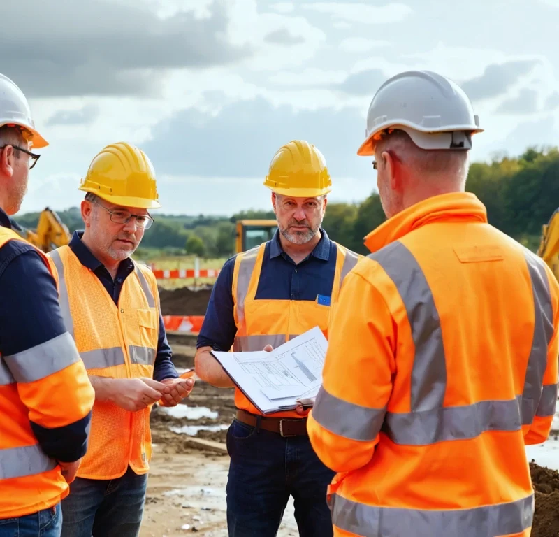 Photorealistic hero image of a civil engineering consultation at an active UK construction site, diverse team of