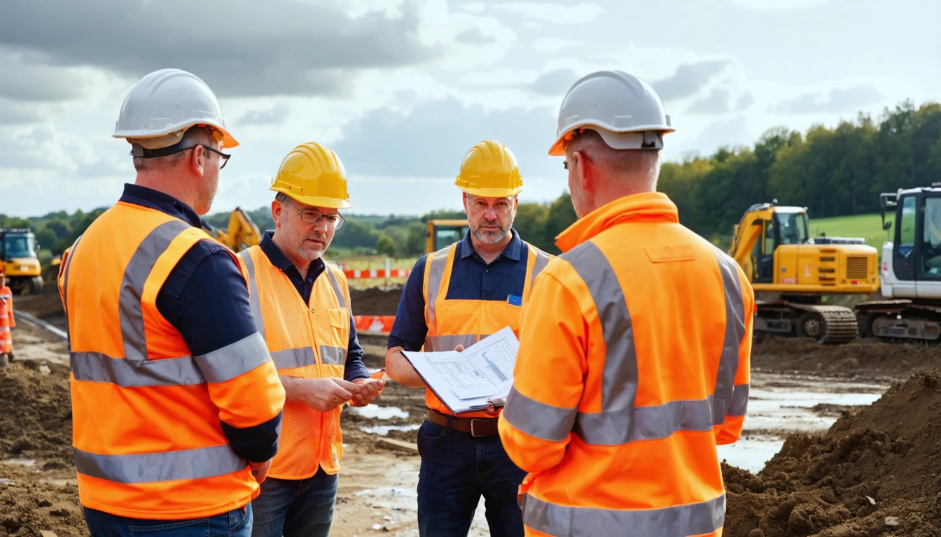 Photorealistic hero image of a civil engineering consultation at an active UK construction site, diverse team of