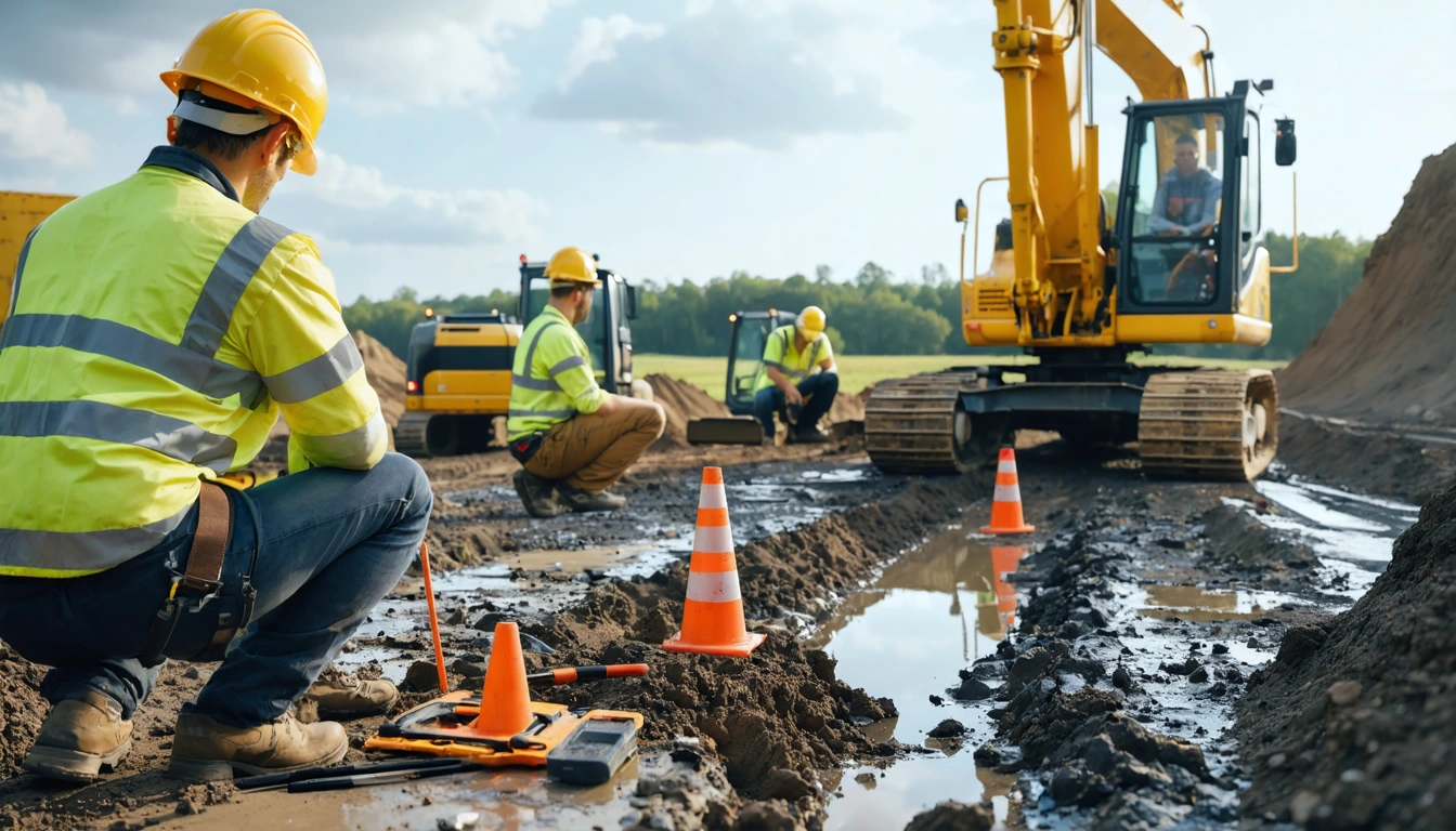 Engineer inspecting compacted ground and drainage with colleague during site verification