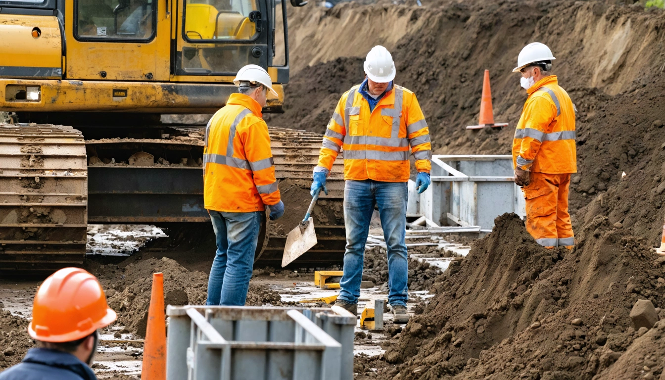 Workers installing drainage pipes and compacting ground for building foundations