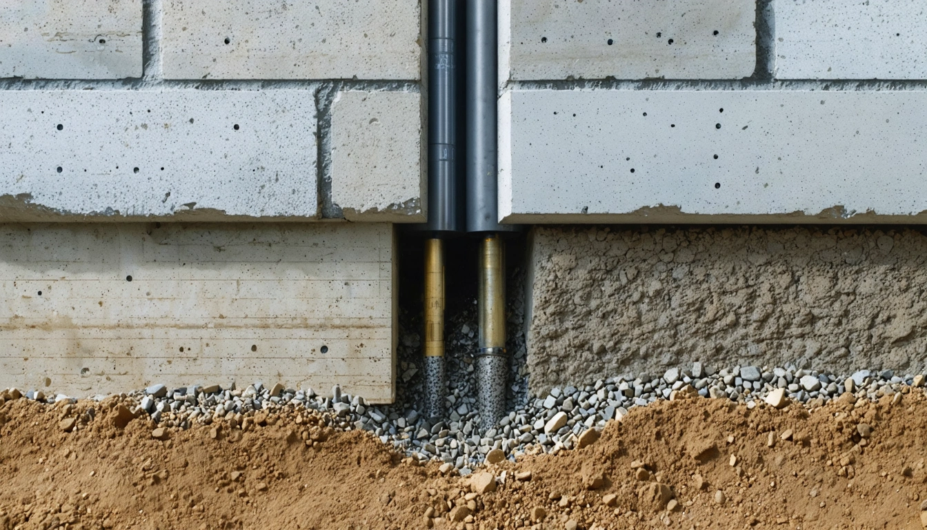 Foundation drainage pipe with gravel backfill and waterproofing along a building footing