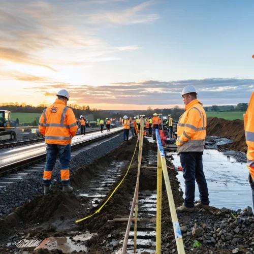 Wide hero editorial photograph of a major UK growth corridor taking shape at sunrise, showing a mixed team of civil