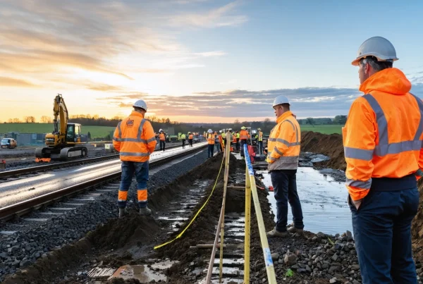 Wide hero editorial photograph of a major UK growth corridor taking shape at sunrise, showing a mixed team of civil