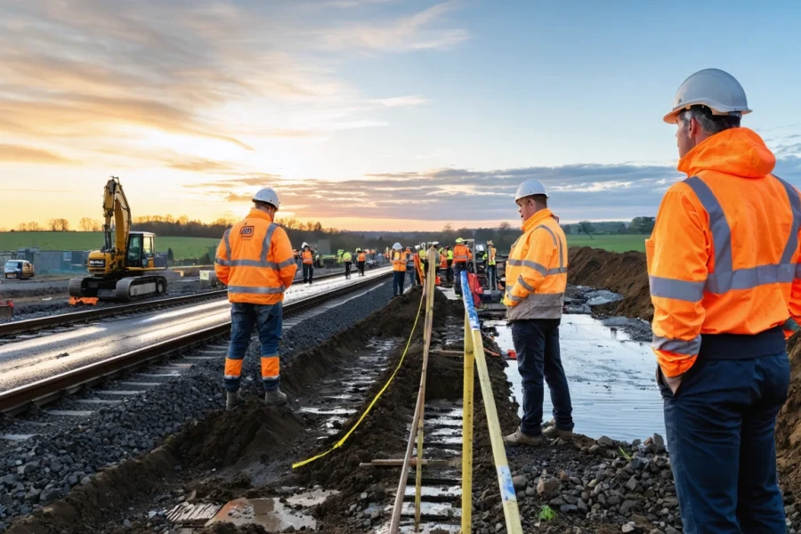 Wide hero editorial photograph of a major UK growth corridor taking shape at sunrise, showing a mixed team of civil