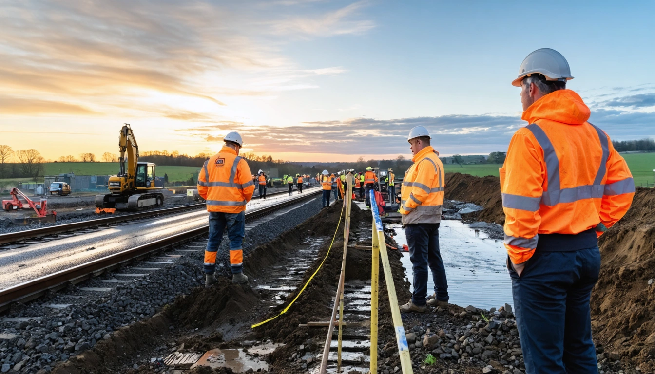 Wide hero editorial photograph of a major UK growth corridor taking shape at sunrise, showing a mixed team of civil