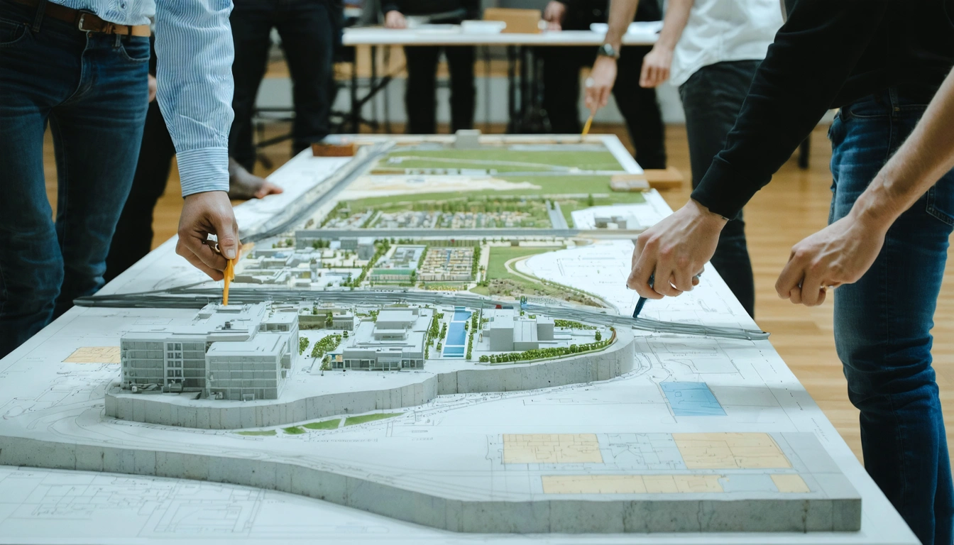 Engineers and geotechnical specialists review maps, core logs, and a site model
