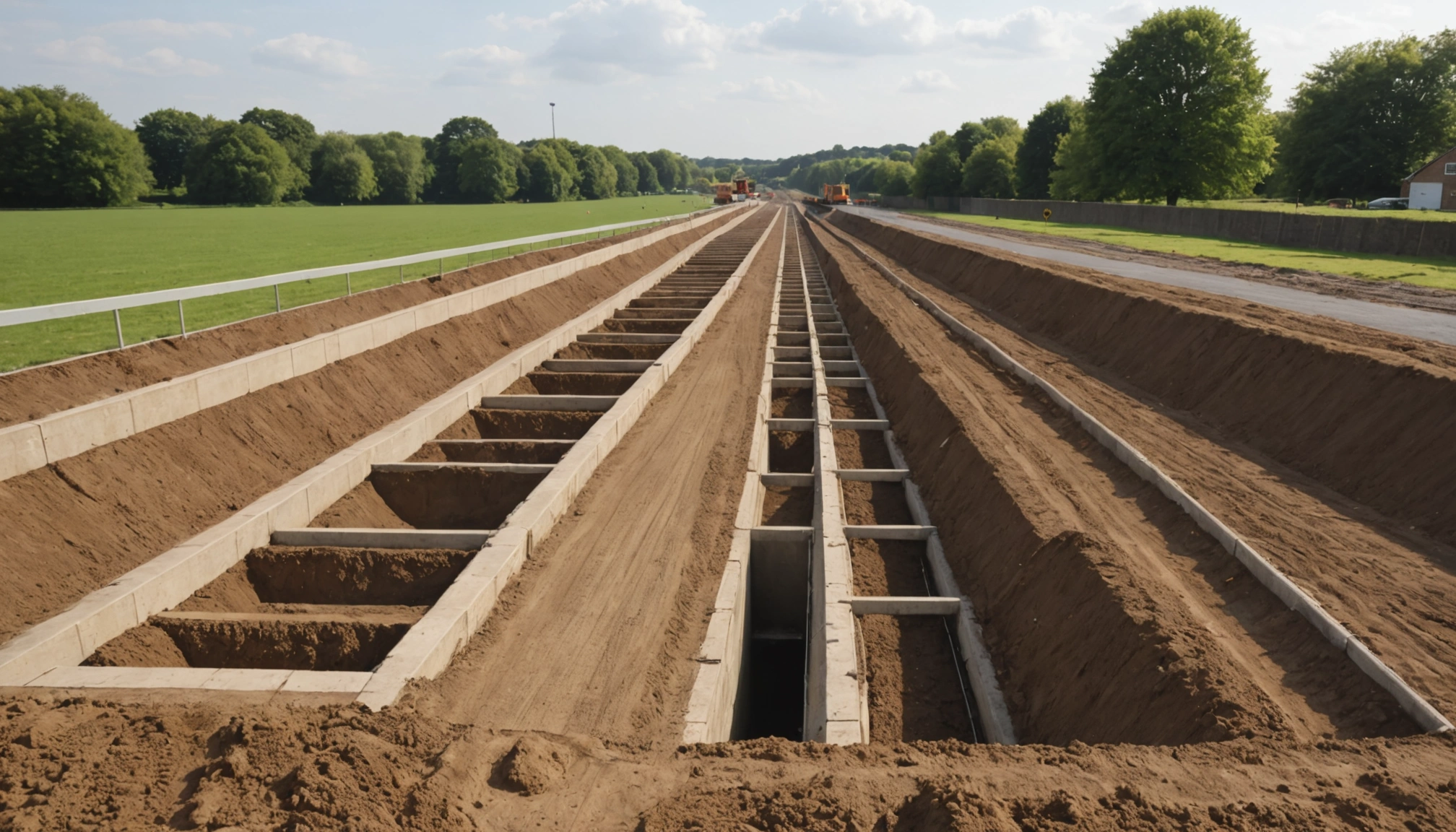 Excavated foundations and drainage trenches across a UK construction site