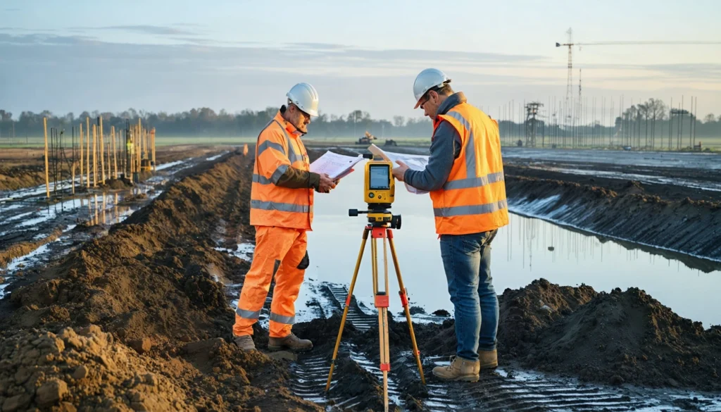 Engineers survey a misty British development site at sunrise