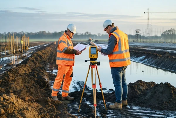 Engineers survey a misty British development site at sunrise