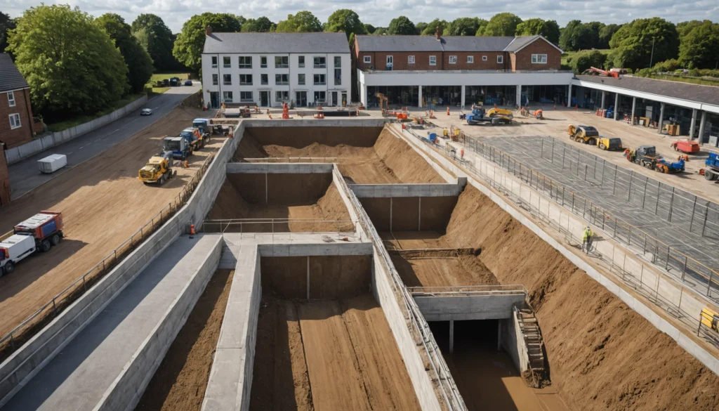 Construction site cutaway reveals foundations, drainage, utilities and compacted aggregate layers