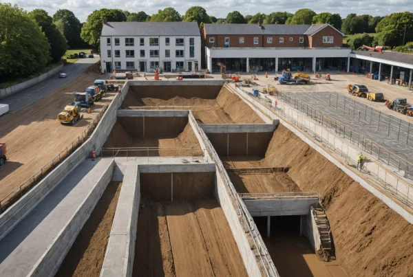 Construction site cutaway reveals foundations, drainage, utilities and compacted aggregate layers