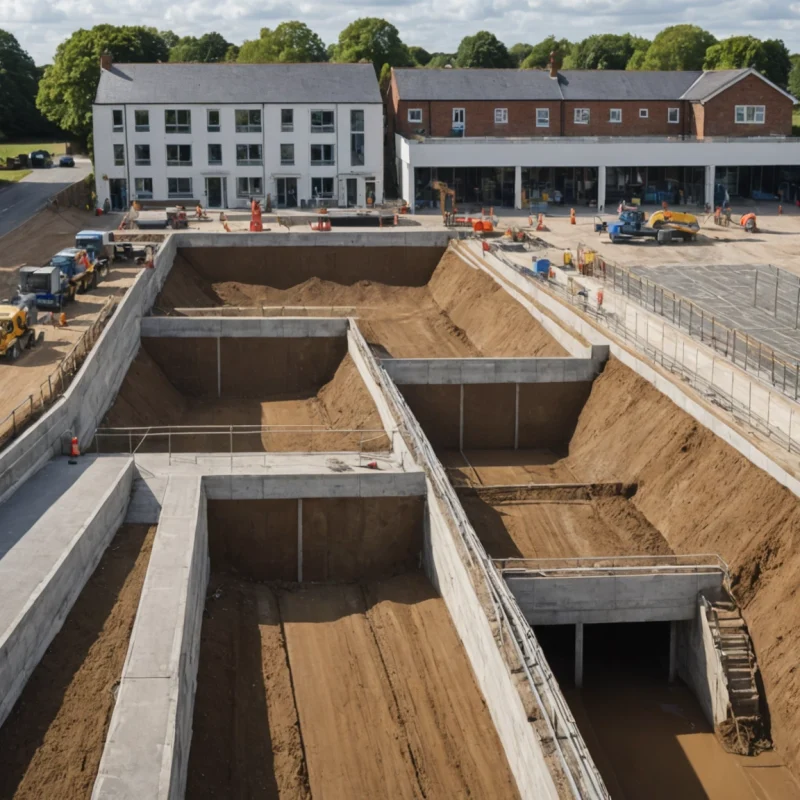 Construction site cutaway reveals foundations, drainage, utilities and compacted aggregate layers