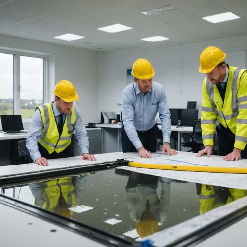 Engineers reviewing sewer flood prevention plans in a temporary site office