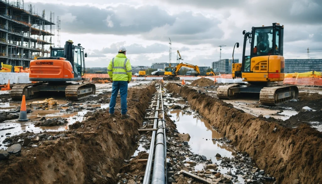Engineers assess stalled activities across a partially cleared construction site