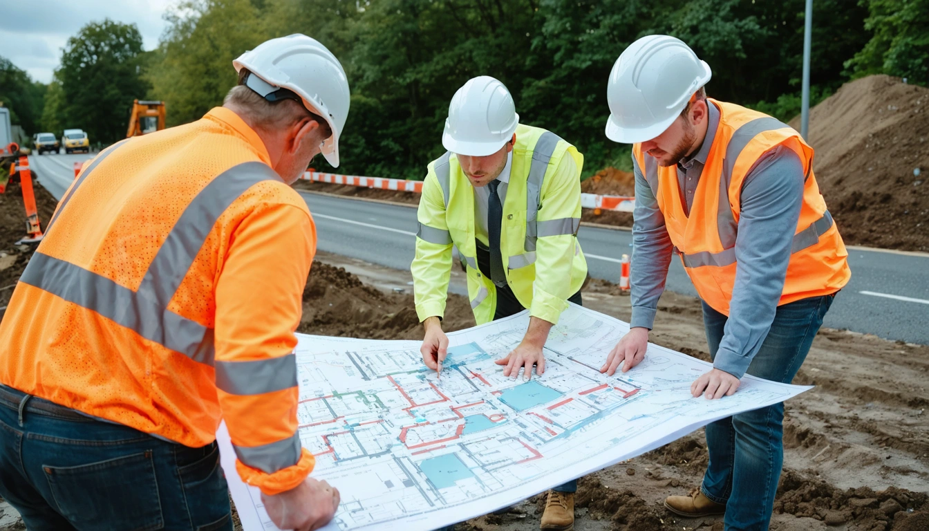 Civil engineering team coordinates surveys and site preparation near an urban road