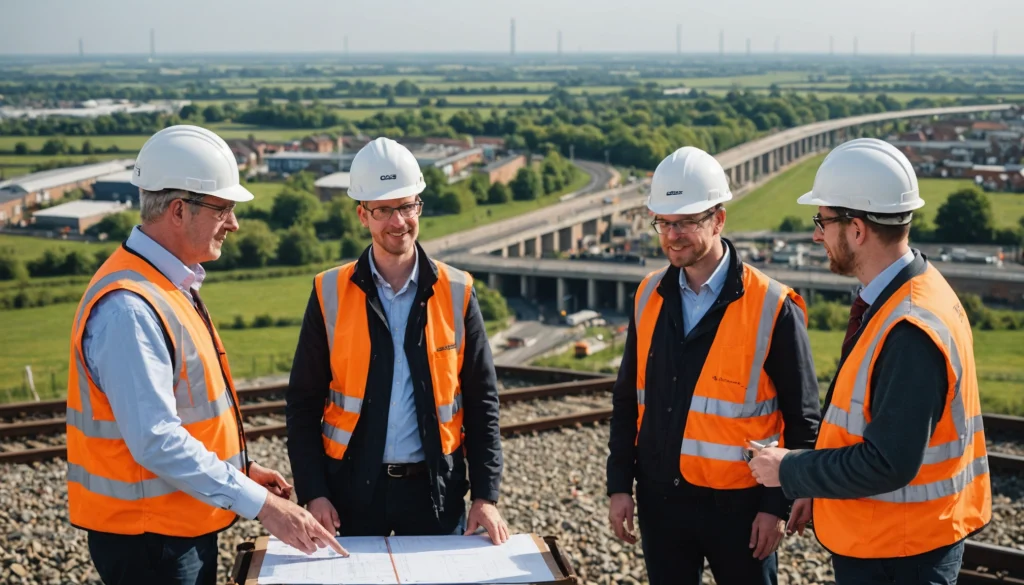 Engineering team discusses Didcot development overlooking railway and new housing