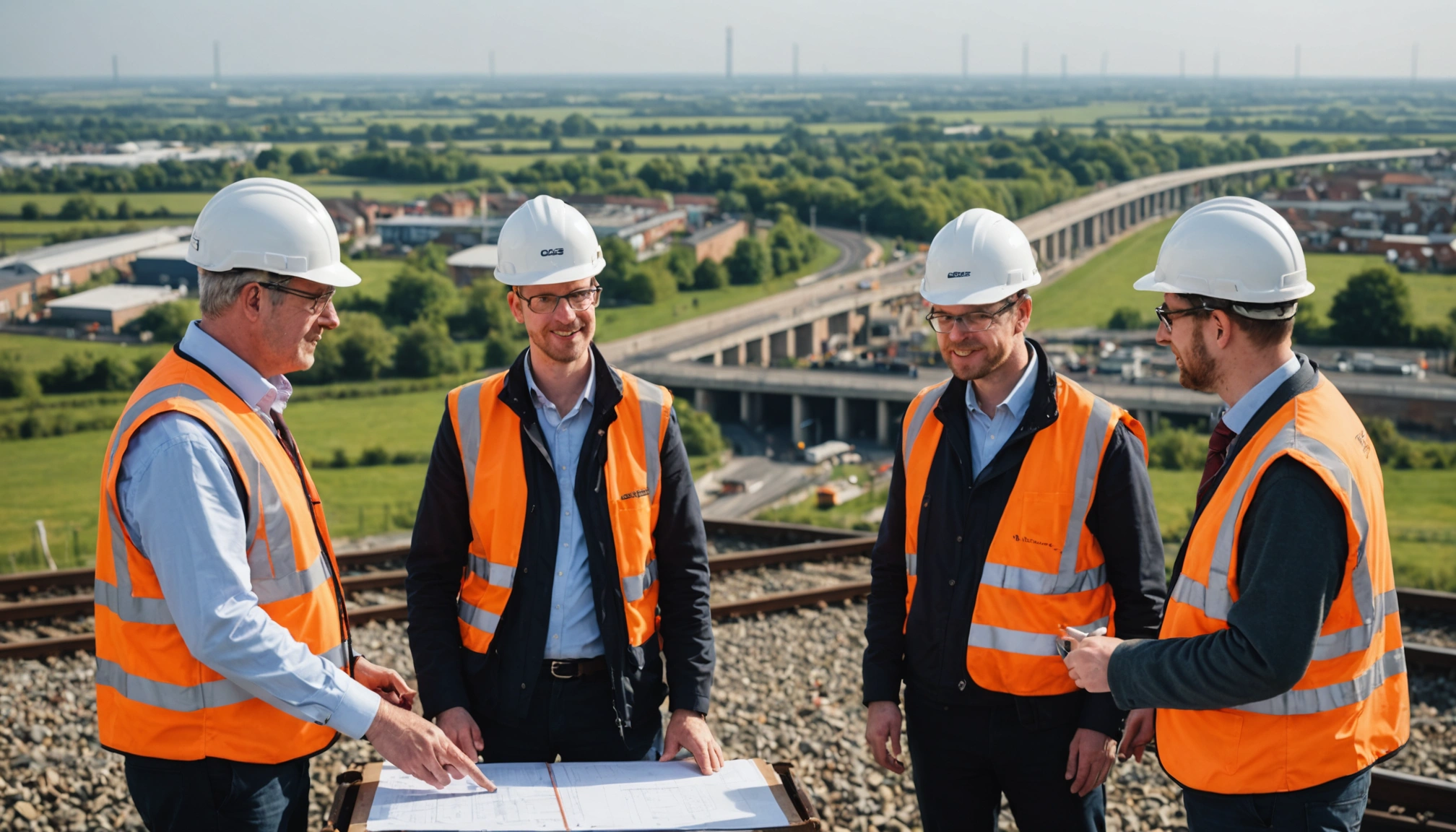 Engineering team discusses Didcot development overlooking railway and new housing