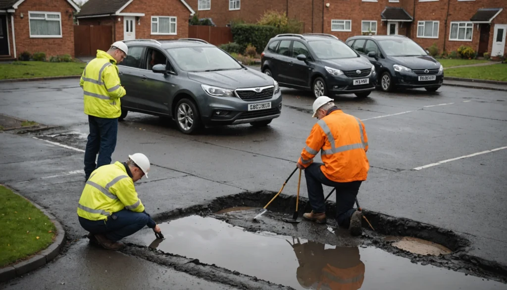 Highways professionals inspect rain-damaged asphalt beside a suburban road