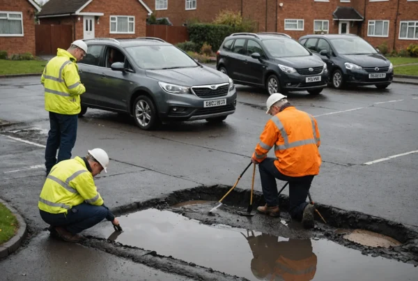 Highways professionals inspect rain-damaged asphalt beside a suburban road