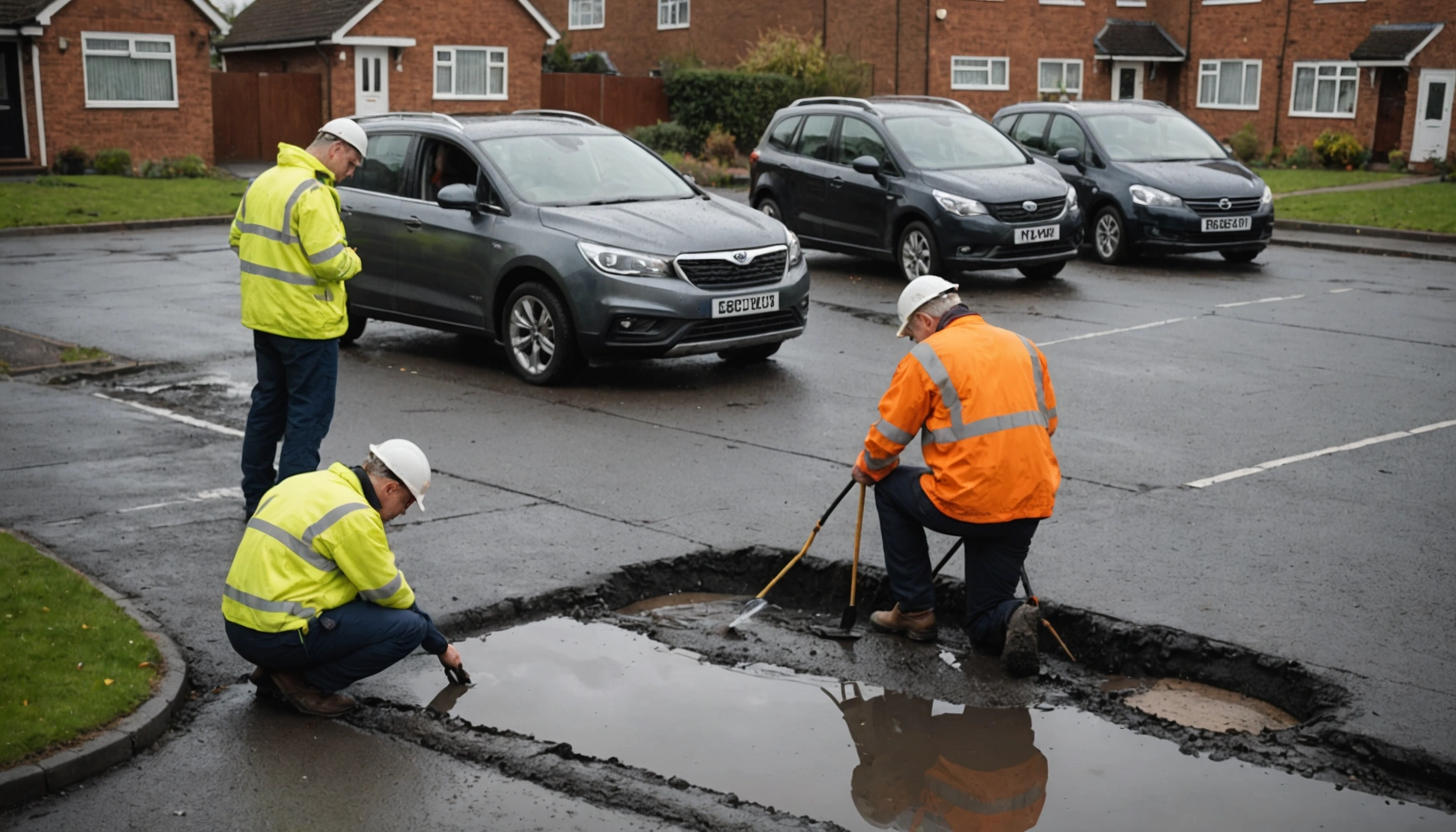 Highways professionals inspect rain-damaged asphalt beside a suburban road