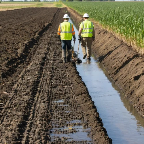 Researchers inspect a vegetated drainage channel across Cambridgeshire peat farmland