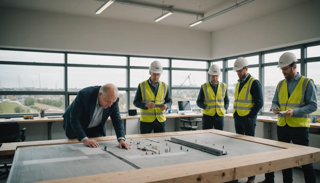 Bridge engineers discuss concrete repairs around a detailed scale model