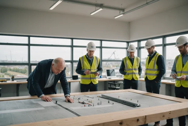Bridge engineers discuss concrete repairs around a detailed scale model