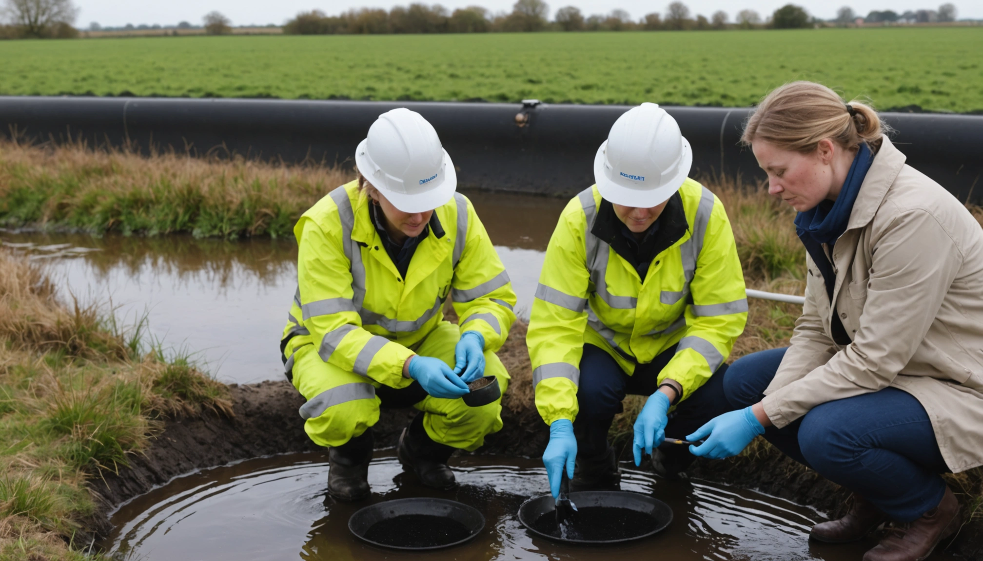 Scientist and drainage engineer compare water samples beside biochar test channel
