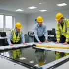 Engineers reviewing sewer flood prevention plans in a temporary site office