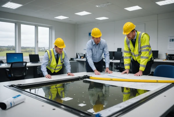 Engineers reviewing sewer flood prevention plans in a temporary site office