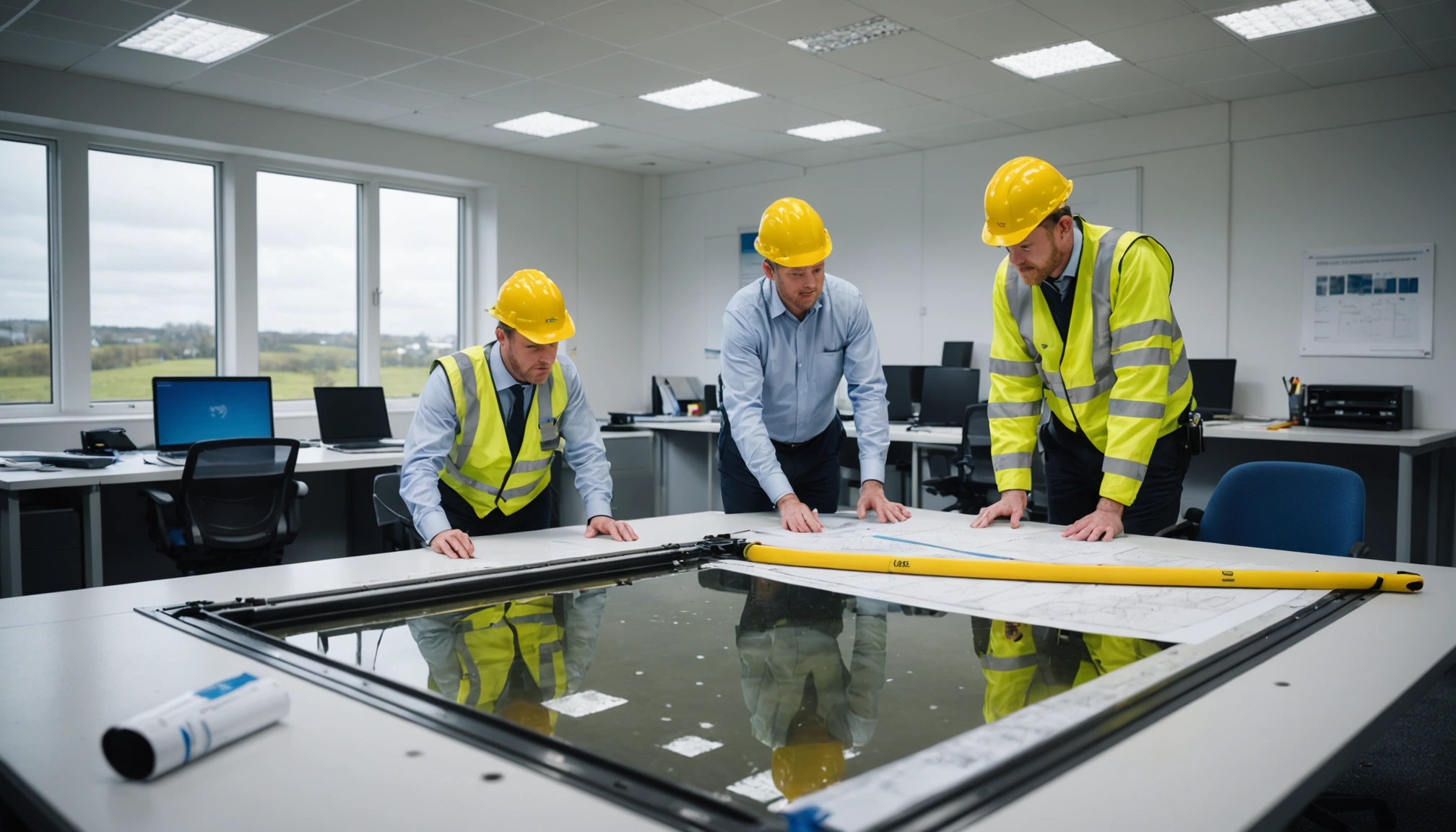 Engineers reviewing sewer flood prevention plans in a temporary site office
