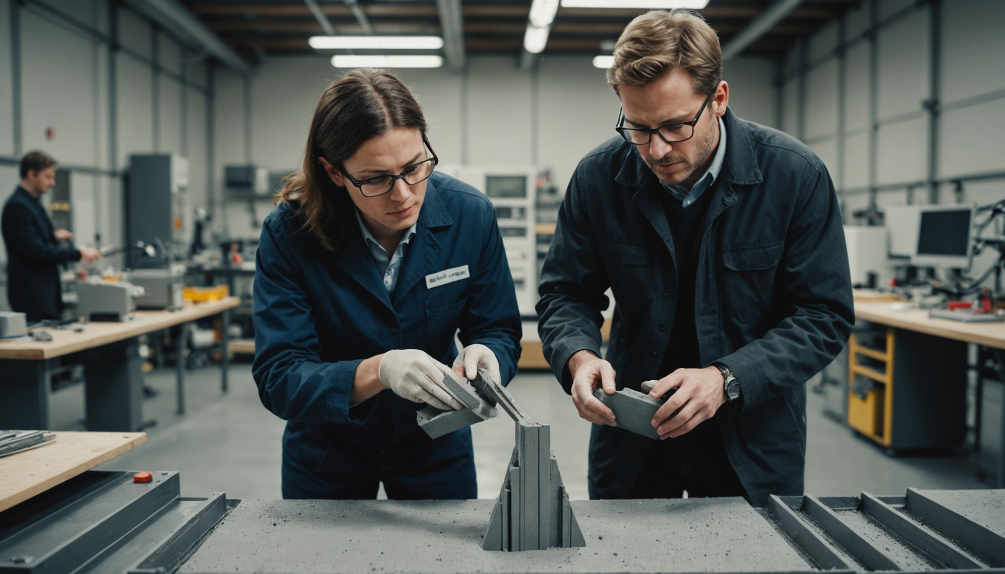 Engineer and specialist compare solid and ribbed printed concrete foundation specimens