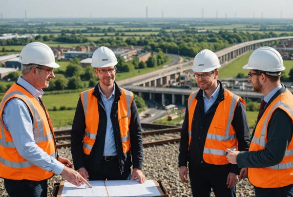 Engineering team discusses Didcot development overlooking railway and new housing