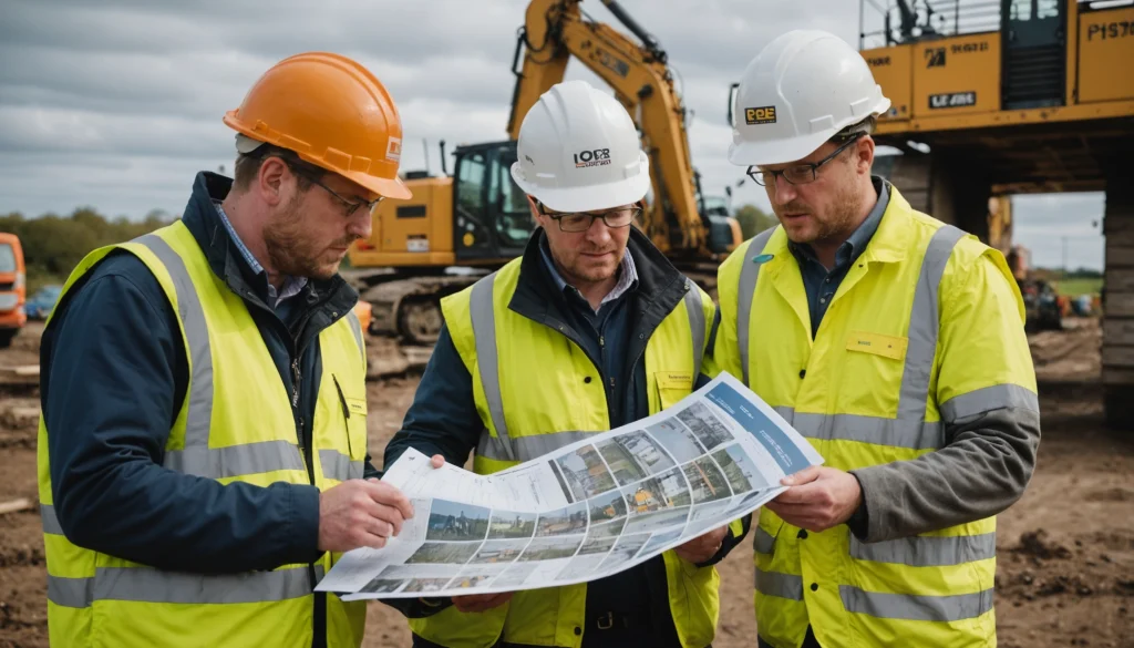UK civil engineering team discusses plans during a brownfield site walk