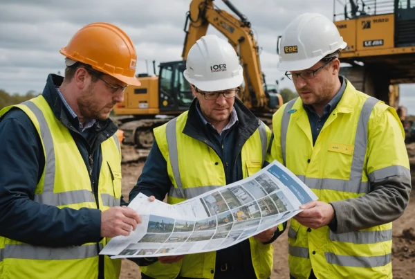 UK civil engineering team discusses plans during a brownfield site walk