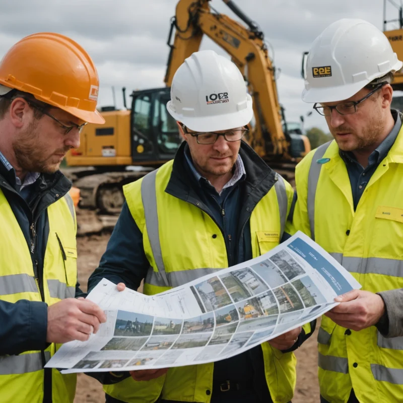 UK civil engineering team discusses plans during a brownfield site walk