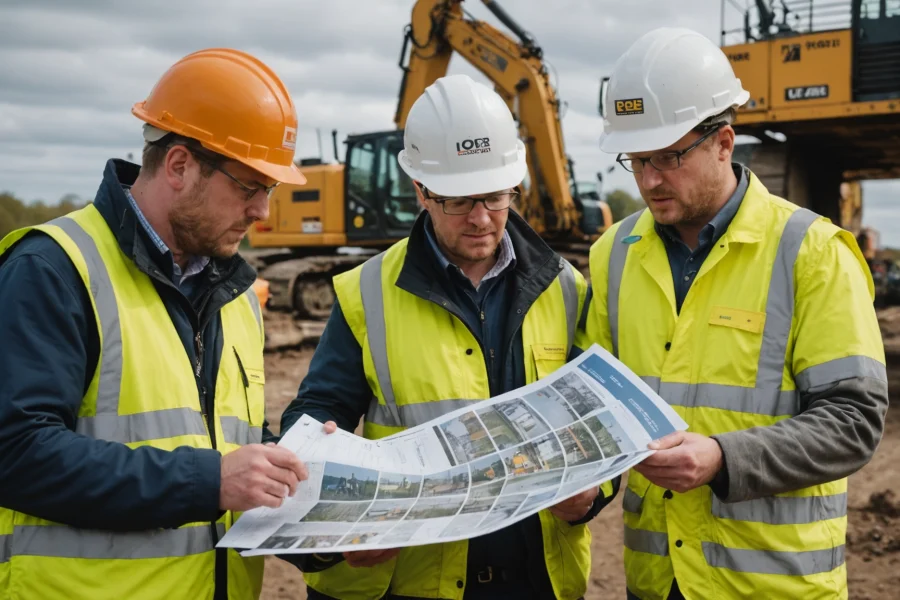UK civil engineering team discusses plans during a brownfield site walk