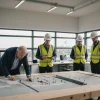 Bridge engineers discuss concrete repairs around a detailed scale model