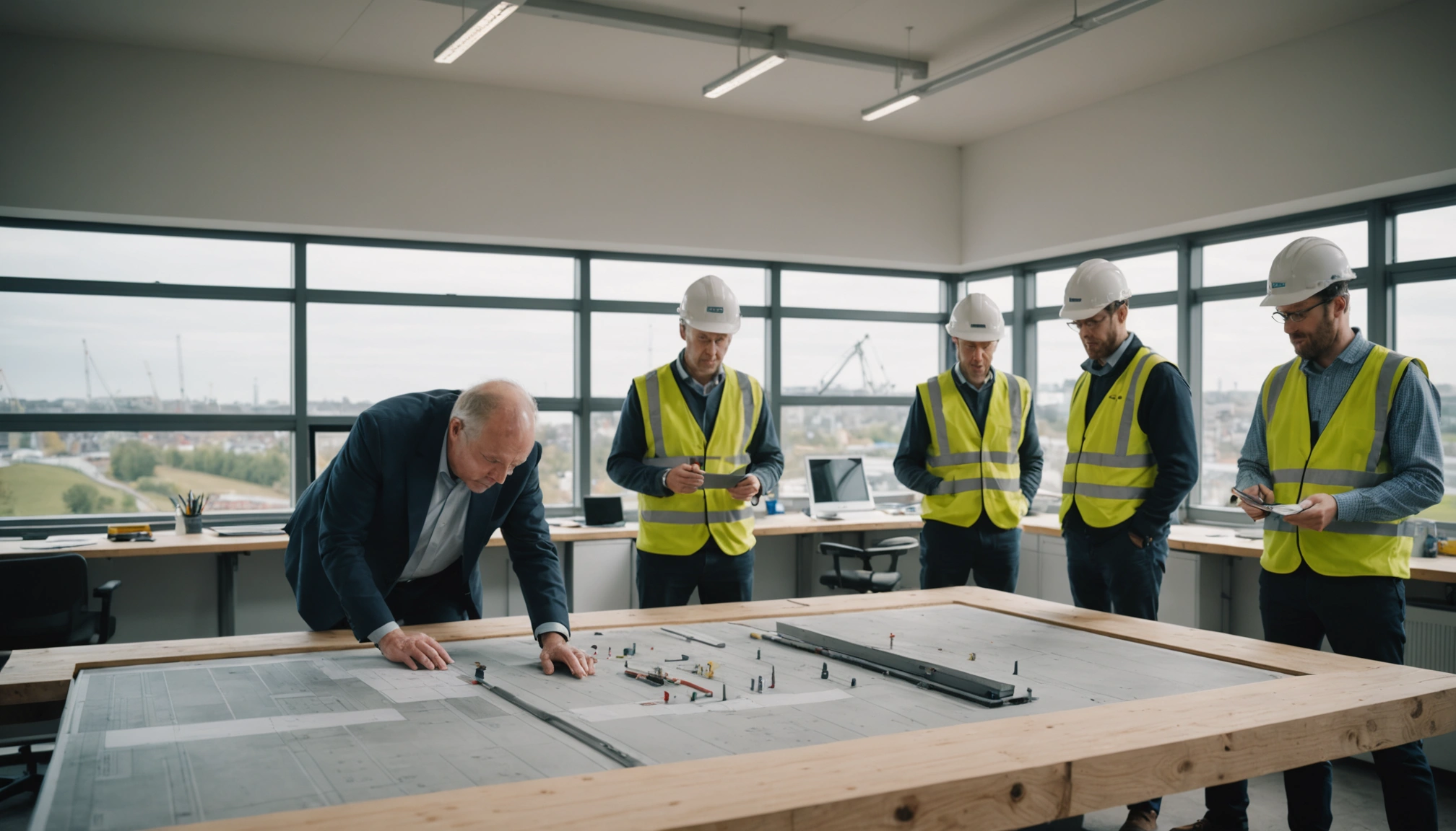 Bridge engineers discuss concrete repairs around a detailed scale model